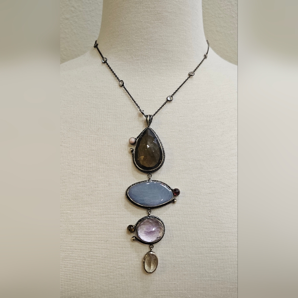 Sterling Silver Black Rhodium and Yellow Gold Plated Necklace with Gemstones